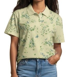 EP PRO Polo Short Sleeve Yellow Golf Shirt Blue Butterfly Print